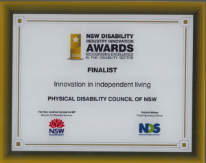 Certificate - NSW Disability Innovation Award Finalist 2012