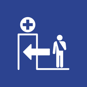 a simplified figure drawing of a person wearing an arm sling being admitted to hospital
